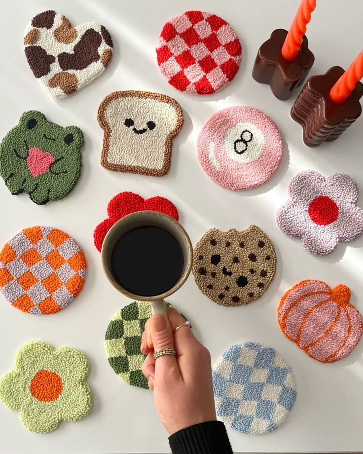 checkered mug rug, pumpkin coaster, punch needle coaster, flower design, 8 ball rug, cow print