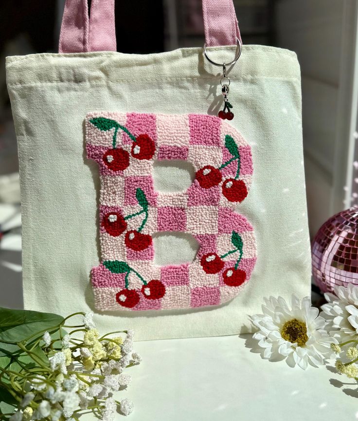 diy monogrammed punch needle tote bag kit cherries design